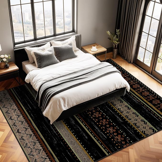 BESTSWEETIE 5x7 Area Rugs for Living Room Washable Moroccan Farmhouse Neutral Geometric Low Pile Non-Slip Soft Print Pattern Rug for Bedroom Kitchen Dining Room Entryway Black/Red/Brown/Cream/Yellow