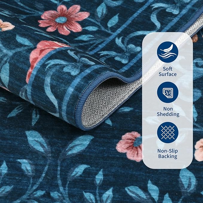 GarveeHome 8x10 Area Rugs for Living Room Washable Rugs Non Slip Stain Resistant Bedroom Floral Rugs Low Pile Soft Dining Room Throw Carpet Blue Bow Large Carpet for Home Office Decor, 8x10