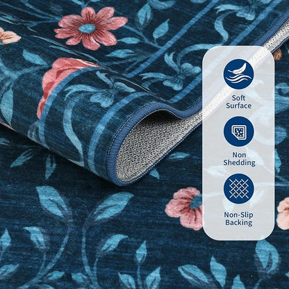 GarveeHome Floral Area Rug 4x6 Entryway Rug Low Pile Bedroom Blue Bow Rugs Non Slip Stain Resistant Dining Room Throw Carpet Small Living Room Butterfly Rugs Soft Boho Mats for Kitchen Nursery, 4x6