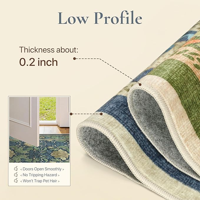 Bavni 2'6''x10 Runner Rug,Microfiber Washable Non-Slip Vintage Floral Rugs,Low Pile Lightweight Carpet for Bedroom,Hallway,Entryway,Kitchen,Bathroom, Tea Green/Blue