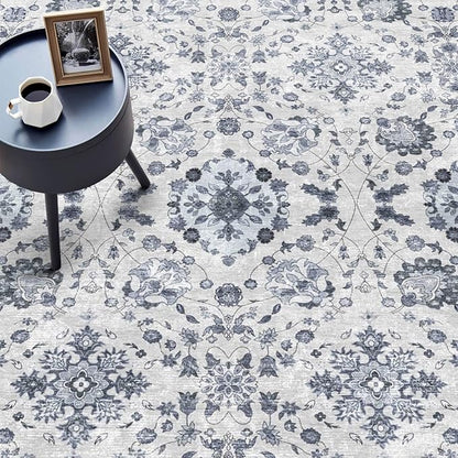vivorug 3x5 Rug, Stain Resistant Washable Rug for Living Room, Floral Area Rug Vintage Inspired (Ivory/Blue, 3'x5')