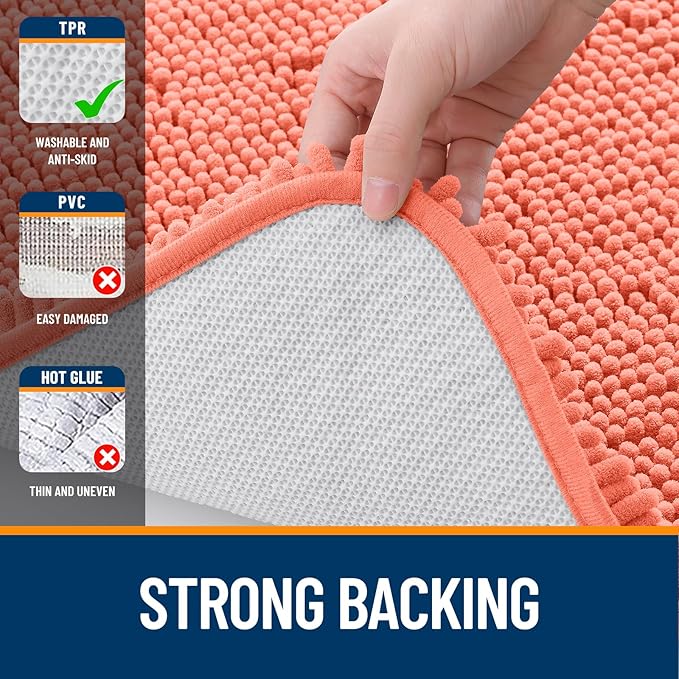 OLANLY Bathroom Rugs 24x16, Extra Soft Absorbent Chenille Bath Rugs, Rubber Backing Quick Dry, Machine Washable Bath Mats for Bathroom Floor, Tub and Shower, Home Decor Accessories, Coral