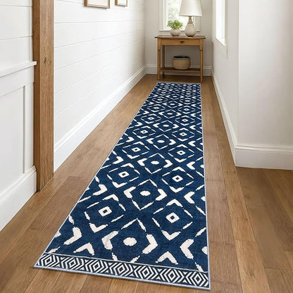 KILOCOCO Hallway Runner Rug 2.6'x10' Runners for Hallways Washable Runner Soft Non Slip Printed Geometric Low-Pile Rugs Runners for Bedroom Kitchen Living Room Boho Rugs, Blue