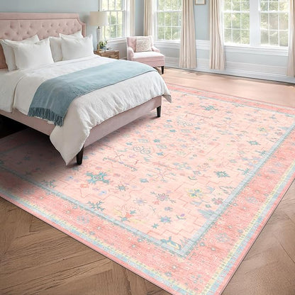 Washable Pink and Blue 8x10 Oushak Rugs for Bedroom Girls Dorm Living Room, Modern Floral Aethestic Distressed Design, Soft Faux Wool Low Pile Non Slip Stain Resistance Carpet