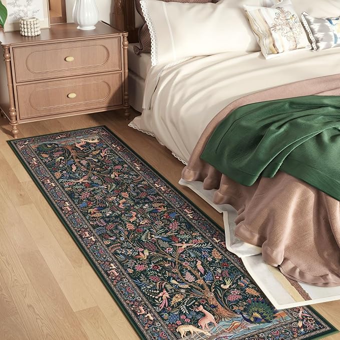 Rugcomf Runner Rug Vibrant Tree of Life-Patterned Vintage Kitchen Rugs Non Slip Washable Soft Carpet Runner for Laundry Bedroom Bathroom, Green
