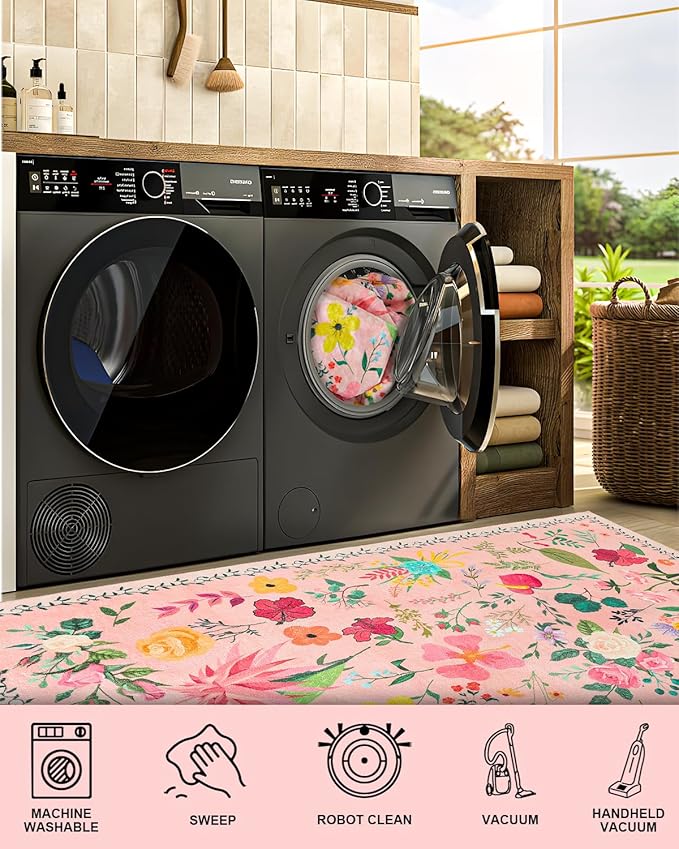 Boho Washable Area Rug 4x6 – Floral Low Pile Non-Slip Carpet for Living Room, Bedroom, Office, Playroom, Entryway, Kitchen, Dining Room (Pink)