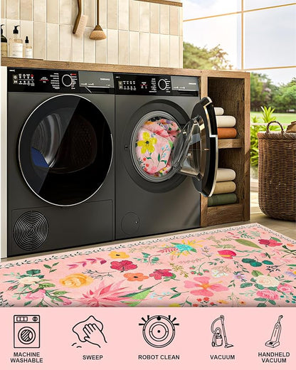 Boho Washable Area Rug 5x7 – Floral Low Pile Non-Slip Carpet for Living Room, Bedroom, Office, Playroom, Entryway, Kitchen, Dining Room (Pink)