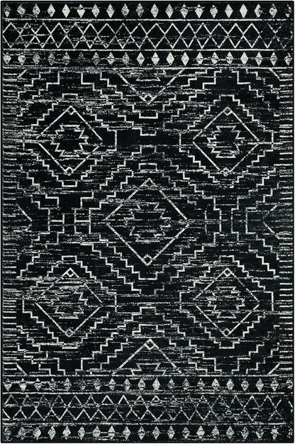 Wonnitar Moroccan Washable Rug 4x6, Black Boho Living Room Area Rug, Non-Slip Farmhouse Bedroom Carpet Dorm Room Throw Rug, Low Pile Soft Accent Mat for Kitchen Entry Office (Black,4'x6')