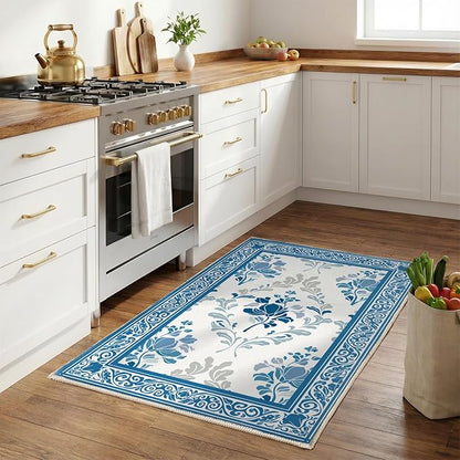 SOULFUL Medium Pile 2x3 Entryway Rug - Soft Underfoot Small Area Rug - Blue Boho Floral - Washable Non-Slip - Perfect for Hallway Kitchen Bedroom Bathroom Indoor Entrance