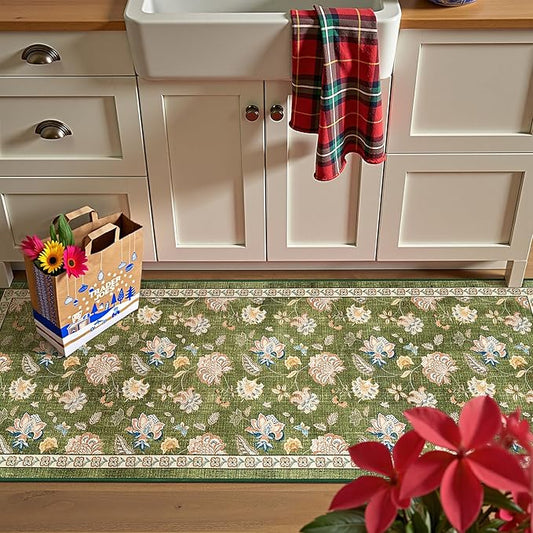 jinchan Elora 2x5 Floral Runner Rug for Hallway Washable Kitchen Runner Vintage Romance Design Non Slip Thin Indoor Floor Cover Low-Profile Throw Carpet for Entryway Bathroom Bedroom Porch, Green