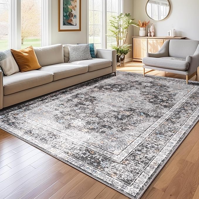 Area Rug – 6x9 Washable Ultra-Soft Vintage Boho Faux Wool Carpet for Living Room, Dining Room, Bedroom, Home Office (Dark Grey)