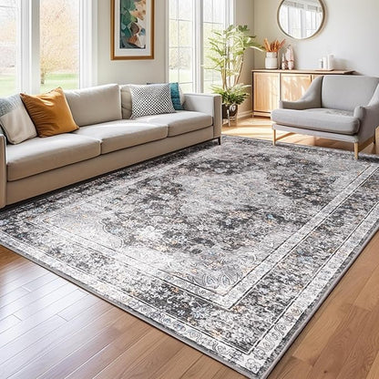 Area Rug - 9x12 Large Dining Room Rug Soft Living Room Mat, Vintage Washable Indoor Floor Throw Carpet for Bedroom, Playroom, Home Office (Dark Grey)