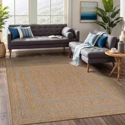 Beverly Rug Easy Jute Framed Border Rug 6x9 Washable Durable Indoor Outdoor Area Rugs for Living Dining Room Patio Office Stain Resistant Non Shedding Casual Indoor Outside Carpet 6 x 9 Natural