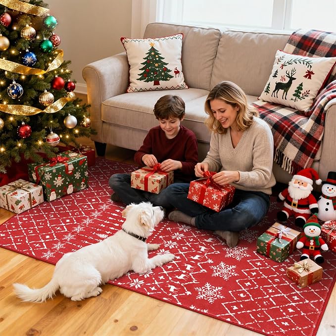 Lahome Christmas Rug 3x5 Red Washable Non Slip Small Area Rug Soft Low Pile Office Carpet Moroccan Snowflake Throw Rug for Living Dining Room Bedroom Xmas Holiday Decor Bedroom Rugs,