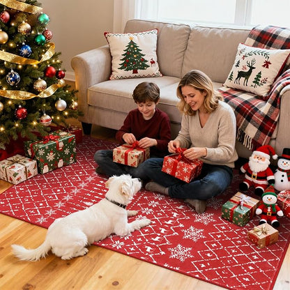 Lahome Christmas Rug 3x5 Red Washable Non Slip Small Area Rug Soft Low Pile Office Carpet Moroccan Snowflake Throw Rug for Living Dining Room Bedroom Xmas Holiday Decor Bedroom Rugs,