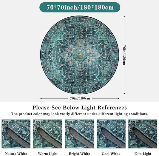 Moynesa Ultra-Thin Washable Round Rug - 6ft Teal Large Living Room Circle Area Rugs, Vintage Dining Room Mat Stain Resistant Nursery Carpet for Bedroom Mudroom Kitchen Apartment Home Office