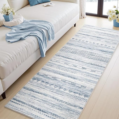 2x6 Runner Rug Machine Washable Non Slip Area Rug Distressed Neutral Moroccan Boho Rug Ultra Soft Floor Runners for Hallways for Entryway Laundry Room Kitchen, Blue