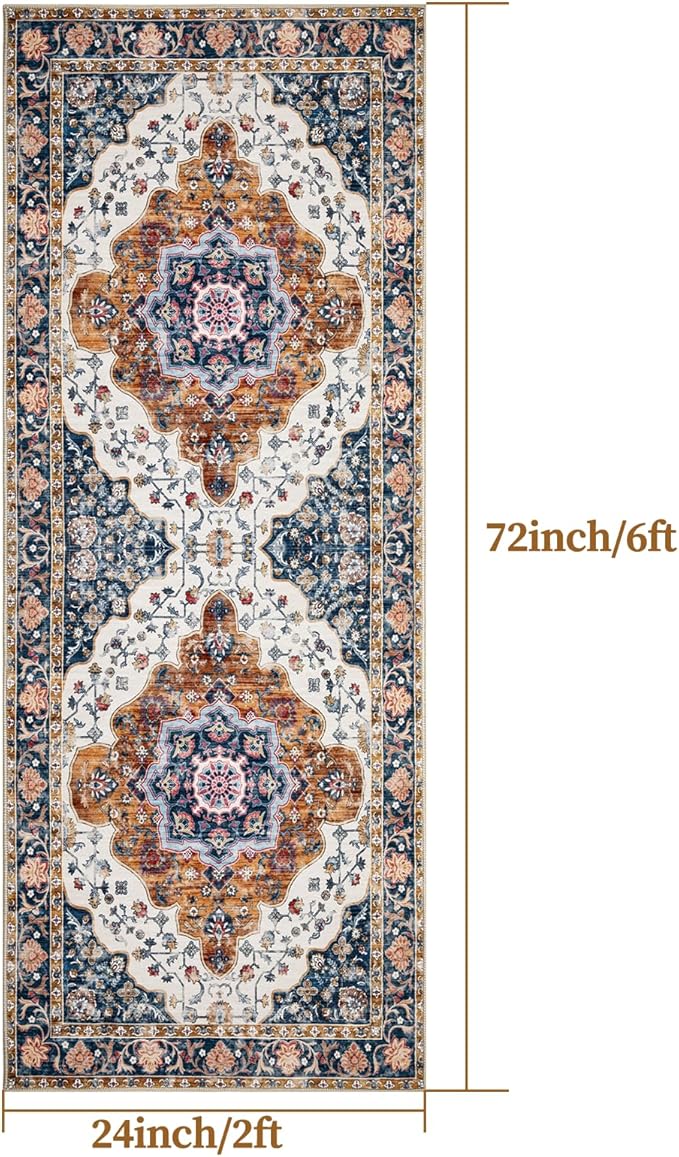 Ciicool Washable Non Slip Runner Rug, 2x6ft Hallway Rug Vintage Kitchen Rugs Carpet for Entrance Bedroom Laundry Bathroom Decor