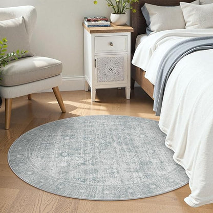 LIVEBOX Washable Area Rug 4ft Boho Round Rug Traditional Rugs for Bedroom, Ultra-Thin Retro Carpet Grey Print Distressed Accent Circle Rugs for Nursery Room Entryway Foyer