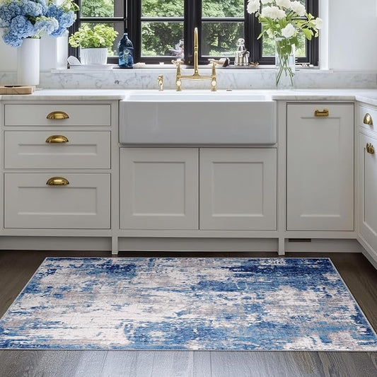Washable Area Rugs 2'x4' Non-Slip Modern Abstract Soft for Living Room Entryway Bedroom Nursery, Print Pattern, Blue Grey Navy Gray