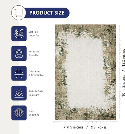 Abani Beige with Green Border Area Rug – 8' x 10' – Classic Textured Design – Ivy Collection – Non-Shedding, Fade-Resistant, Easy to Clean – Durable for High Traffic Areas – Living Room & Bedroom
