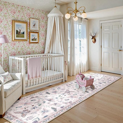 Lahome Insect Hallway Runner Rug, 2'5''x8' Ultra-Thin Washable Runners for Hallways Kitchen, Soft Laundry Room Rug Non-Slip Long Carpet for Entryway Bedroom Bathroom, Pink