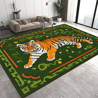 Jungle Tiger Area Rug,4x6ft, Cozy Jungle Style Tiger Print Area Rug Surrounded by Green Plants and Yellow Flowers Washable Animal Rug for Farmhouse Living Room Bedroom Kitchen Kids Room Decor