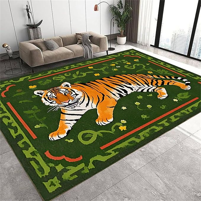 Jungle Tiger Area Rug,6x8ft, Cozy Jungle Style Tiger Print Area Rug Surrounded by Green Plants and Yellow Flowers Washable Animal Rug for Farmhouse Living Room Bedroom Kitchen Kids Room Decor