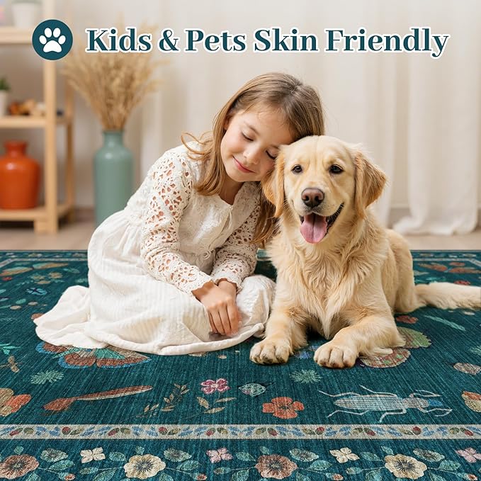 7x9 Bug Pattern Area Rug - Indoor Non-Slip Low Pile Machine Washable Insect Print Rug for Entryway, Living Room, Bedroom, Kitchen, Laundry (7'x9' Teal)