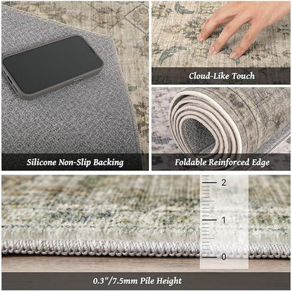 Washable 2x3 Entryway Rug, Boho Non-Slip Door Mat Vintage Distress Small Rugs for Kitchen Nursery Office Bedroom, 0.3" Neutral Oriental Throw Carpet with Cushioning Pad,Flaxen/Brown/Multi