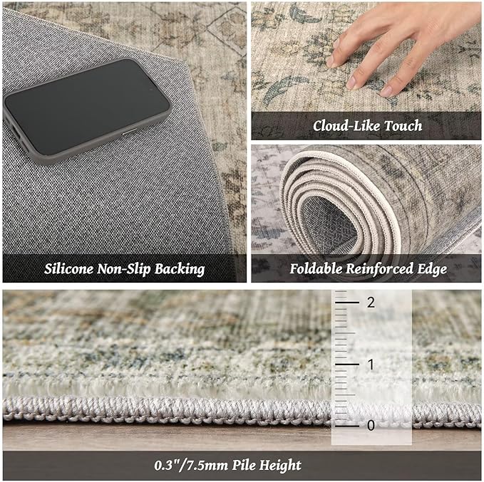 Washable 3x5 Entryway Rug, Boho Non-Slip Vintage Distress Small Rugs for Kitchen Nursery Office Bedroom, 0.3" Neutral Oriental Throw Thin Carpet with Cushioning Pad, Flaxen/Brown/Multi