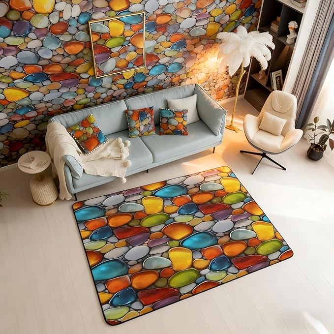 Cobblestone 5x7 Area Rug Rainbow Pebble Living Room Rug | Garden Gravel Stone Rugs for Bedroom, Watercolor Cobble Carpet Indoor Floor Mat