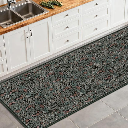 Washable 2'6" x 10' Runners for Hallways, Non Slip Long Floor Runner for Kitchen, Entryway Indoor, Stain Resistant Rubber Backing Floral Décor Rug (Dark Green)