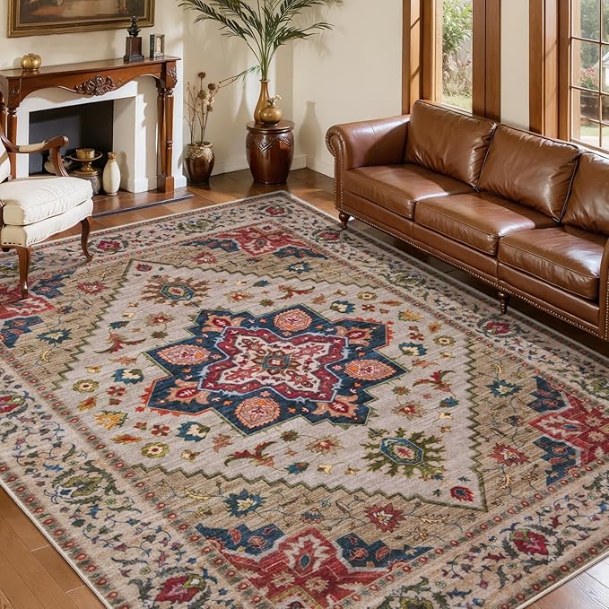 Tangsoo 5x7 Area Rug Washable Rugs for Living Room, Vintage Indoor Non Slip Large Area Rugs, Print Carpet, Soft Low Pile Rug Foldable Floor Rug for Bedroom Dining Room Dorm Beige/Red