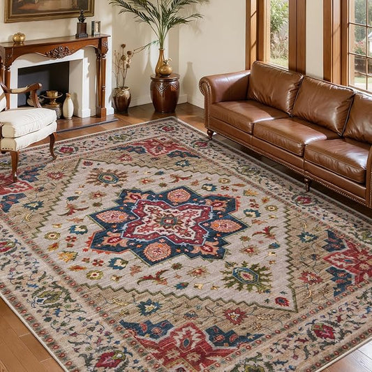 Tangsoo 5x7 Area Rug Washable Rugs for Living Room, Vintage Indoor Non Slip Large Area Rugs, Print Carpet, Soft Low Pile Rug Foldable Floor Rug for Bedroom Dining Room Dorm Beige/Red