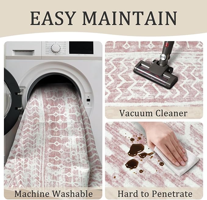 8x10 Machine Washable Area Rug for Living Room, Pink Vintage Moroccan Rug Large Non-Slip Low Pile Soft Faux Wool Carpet, Kids and Pets Friendly for Bedroom Dining Room Farmhouse Home Decor Rug