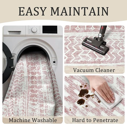4x6 Machine Washable Area Rug for Living Room, Pink Vintage Moroccan Rug Large Non-Slip Low Pile Soft Faux Wool Carpet, Kids and Pets Friendly for Bedroom Dining Room Farmhouse Home Decor Rug