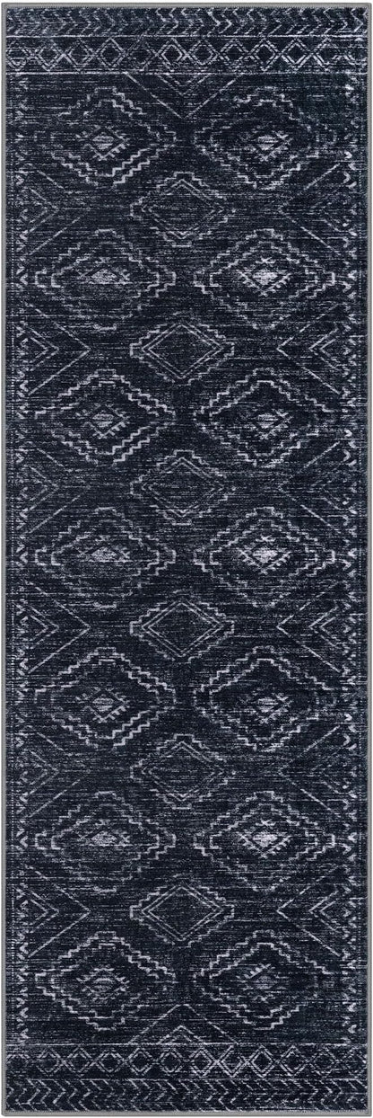 KILOCOCO Boho Kitchen Runner Rug 2x6 Washable Runner Rug, Soft Runners for Hallways Non Slip Printed Distressed Laundry Room Rug, Low-Pile Rug for Entryway/Bedroom/Living Room, Black/Navy