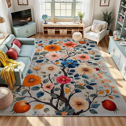 7x10 Colorful Flower Area Rugs, Floral Vintage Large Rugs, Floral Rugs, Botanical Rug, Washable Boho Botanical Non Slip Carpet for Living Room, Bedroom, Kids Room