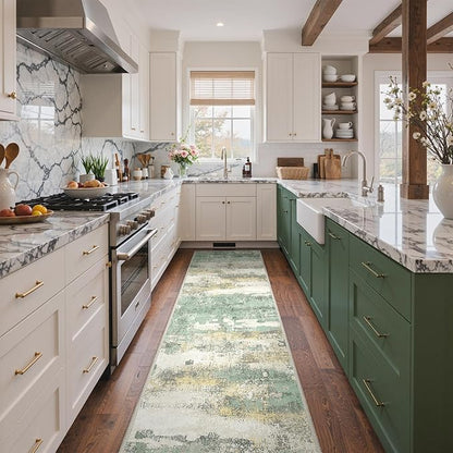 GENIMO Runner Rug Non Slip 2'6"x10', Washable Rug Runner for Hallways Kitchen, Abstract Modern Kitchen Rugs, Low Pile Lightweight Carpet Runners for Entryway, Bedroom, Laundry, Light Green