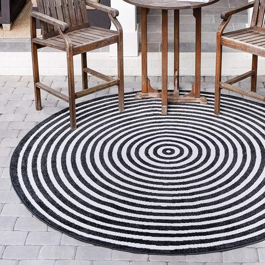 Unique Loom Sabrina Soto Outdoor Collection Geometric, Modern, Vibrant, Carved Area Rug (8' 0 x 8' 0 Round, Black/ Ivory)