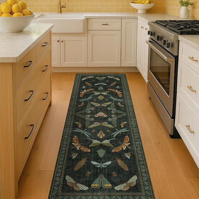 Dark Green Insect 2x5 Bathroom Runner Rug - Washable Non Slip Runners for Kitchen, Laundry Room, Front Door Mat Entrance, Nature Floral Indoor Floor Décor, Thin Low Pile with Rubber Backed