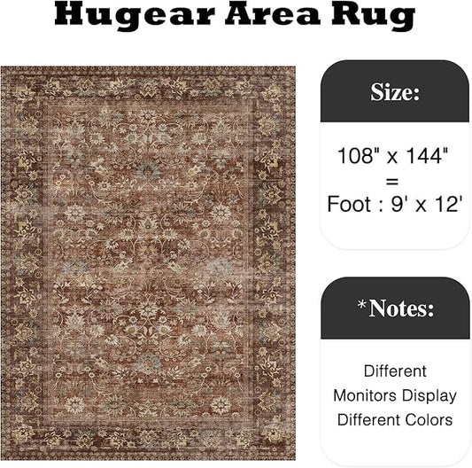 HUGEAR 9x12 Machine Washable Rugs Brick Red Hallway Large Area Rug Indoor Accent Rug Floral Low Pile Carpet Soft Throw Aesthetic Rug Bedroom Living Room Office Dining Room Kitchen Laundry Room