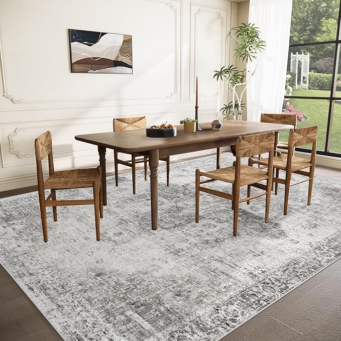 Area Rug 10x14 Washable Rug, Vintage Boho Medallion Rugs Non-Slip Soft Low Pile Large Distressed Rug Indoor Retro Carpet for Living Room Bedroom Dining Room Home Office (Grey, 10'x14')