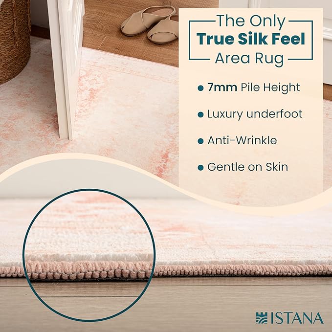 Istana Hallway Runner Rug 2x6 - Pink Kitchen Rugs Non Slip Washable -Silk's Soft Touch Carpet Runner - Stylish Rug Runner for Home
