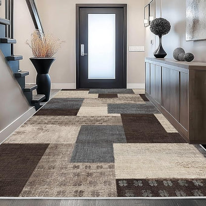 Modern Geometric Patchwork Indoor Area Rug for Living Room, Blue-Taupe 9'x 12' Large Rug Rockwood Collection Hardwood Floors Decor for Bedroom, Blue Throw Carpet for Office Entryway Dining Room