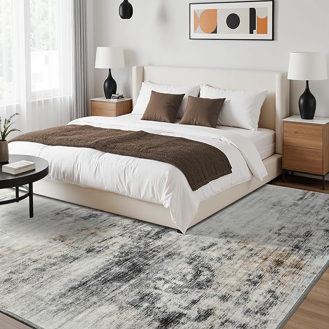 Toneed Abstract Area Rug 5x7 Modern Washable Rug Soft Non Slip Rug Low Pile for Bedroom Living Room Dining Room Grey/Brown