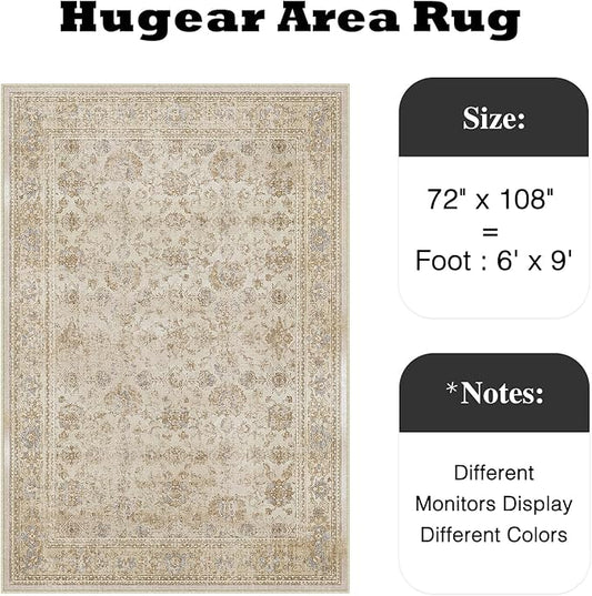HUGEAR 6x9 Area Rug Beige Vintage Machine Washable Living Room Retro Rugs Distressed Floral Vacuumable Low Pile Carpet Bedroom Office Dining Room Laundry Room Non Slip Soft Lightweight