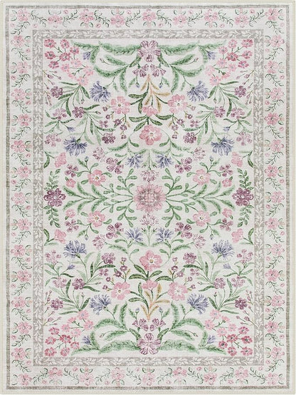 Lahome Purple Floral 9x12 Area Rug, Machine Washable Low Pile Nursery Girls Rug, Non-Slip Thin Carpet for Playroom Kids, Soft Boho Mat for Women Bedroom Decor