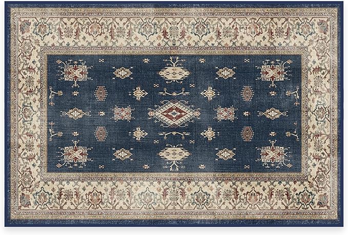 RUGGABLE Washable Vintage Area Rug – Verena Sapphire 2x3, Stain-Resistant, Non-Slip – Small Machine Washable Rugs for Living Room, Bedroom, Hallway, Entryway & Bathroom–with Standard Pad